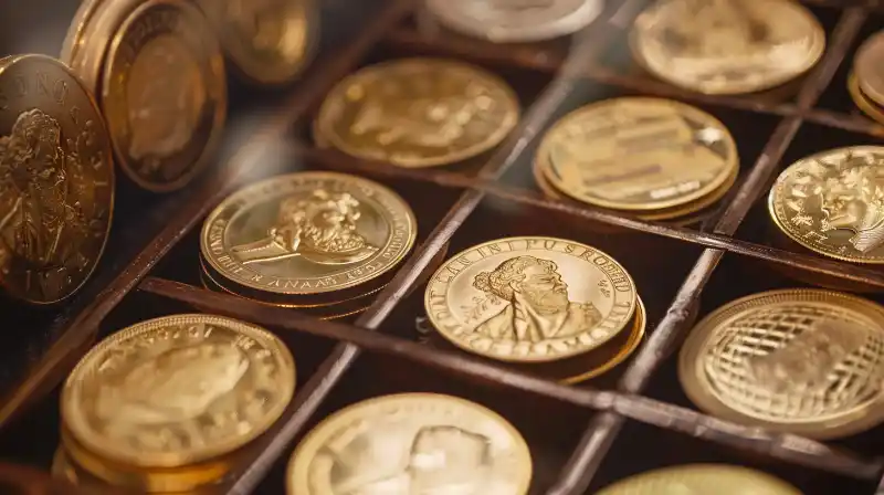 A close-up photo of government-issued gold coins and bullion on display.