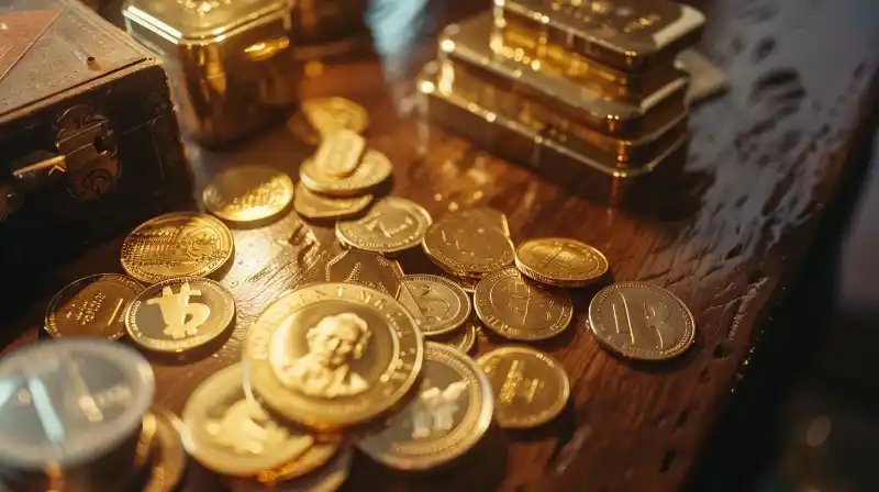 A collection of gold bullion and coins on a polished table.