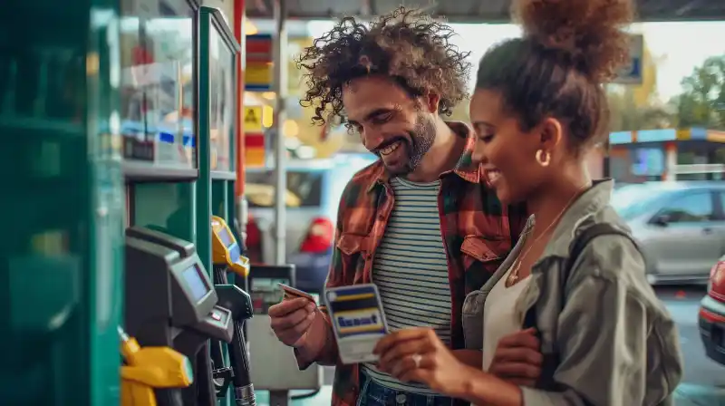 A couple happily using their rewards program card at a gas station.