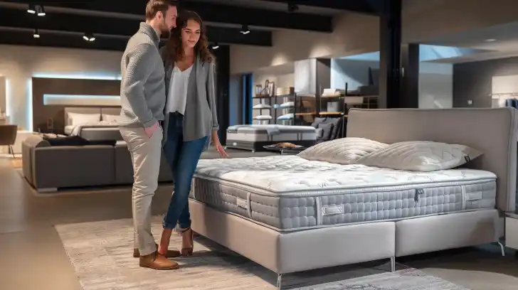 A couple testing luxurious mattresses in a spacious showroom.