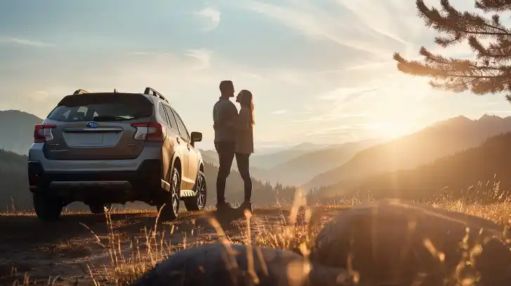 A couple standing next to a Subaru in a scenic outdoor environment.