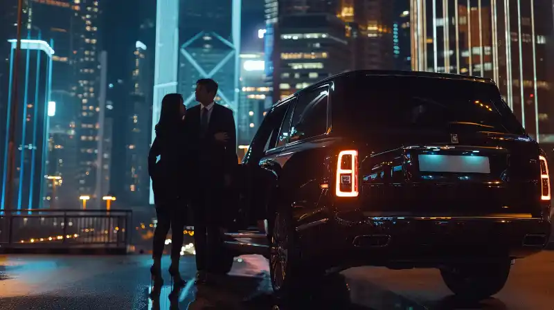 A couple stepping out of a luxury SUV with city skyscrapers in the background.