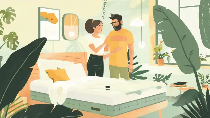 A couple testing out a new mattress in a cozy bedroom.