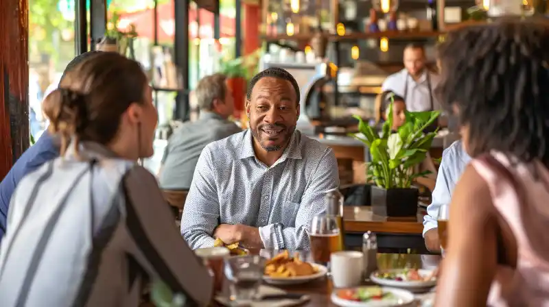 A diverse group discussing financial strategies in a cozy coffee shop.