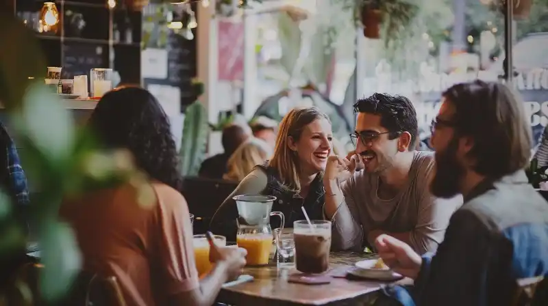 A diverse group discussing financial options in a bustling cafe.