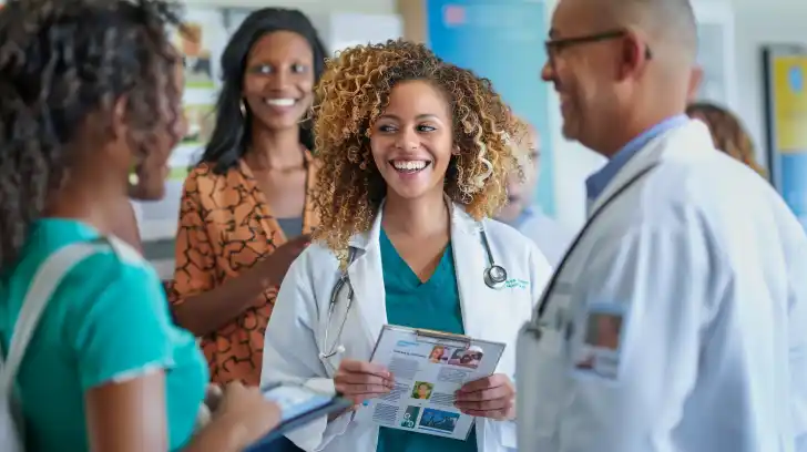 A diverse group of individuals smiling and holding a BOTOX® Savings Program brochure in a doctor's office.