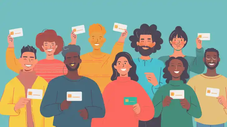 A diverse group of people happily holding their new health insurance cards.