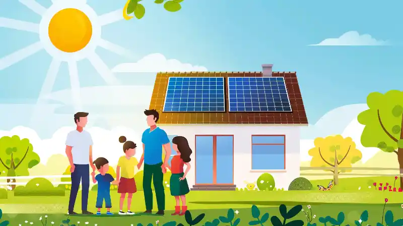 A family admiring their solar-powered rooftop in the city.