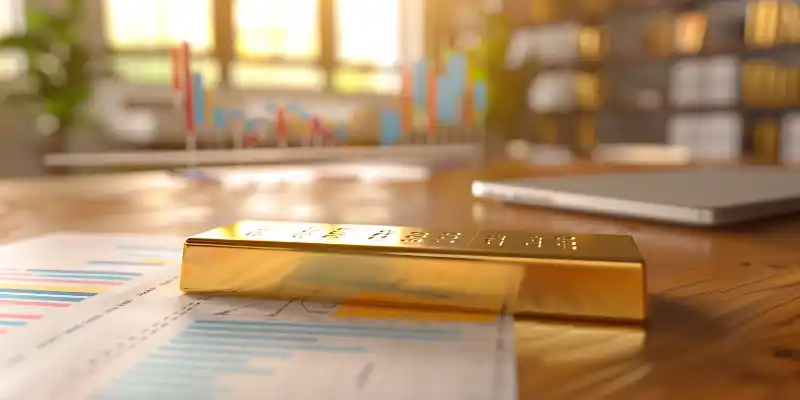 A golden bar surrounded by financial charts on a wooden desk.