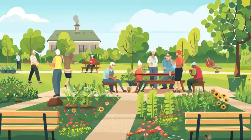 A group of seniors socializing in a vibrant community garden.