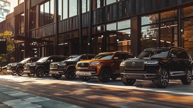 A line-up of affordable luxury SUVs in a modern urban setting.