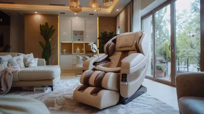 A luxurious massage chair in a cozy living room.