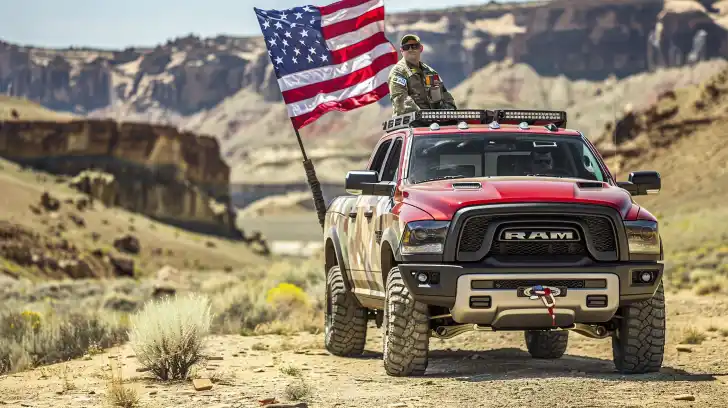 A military member proudly standing on RAM truck.