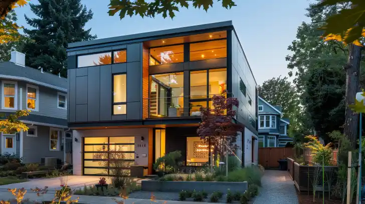 A modern house with energy-efficient windows in a bustling city.