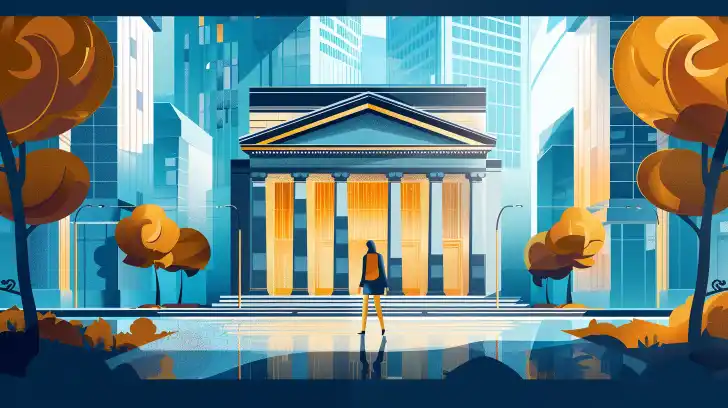 A person confidently enters a modern bank surrounded by city architecture.