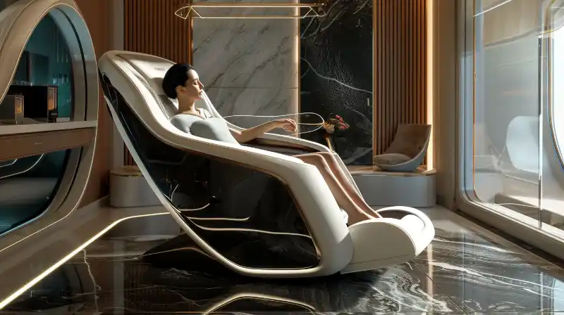 A person lounging in a luxurious massage chair surrounded by modern technology and elegant design.