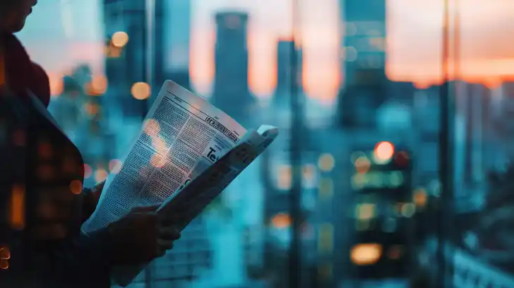 A person reading a financial newspaper with a city skyline in the background.