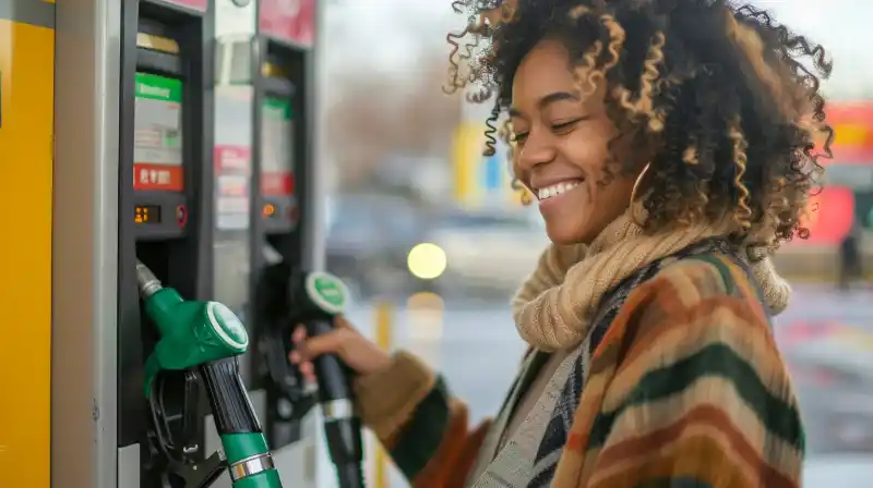 A person smiling while using a gas rebate card at the pump.