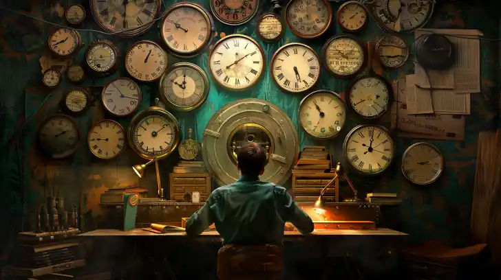 A person with a savings vault surrounded by clocks and calendars. A person with a savings vault surrounded by clocks and calendars.