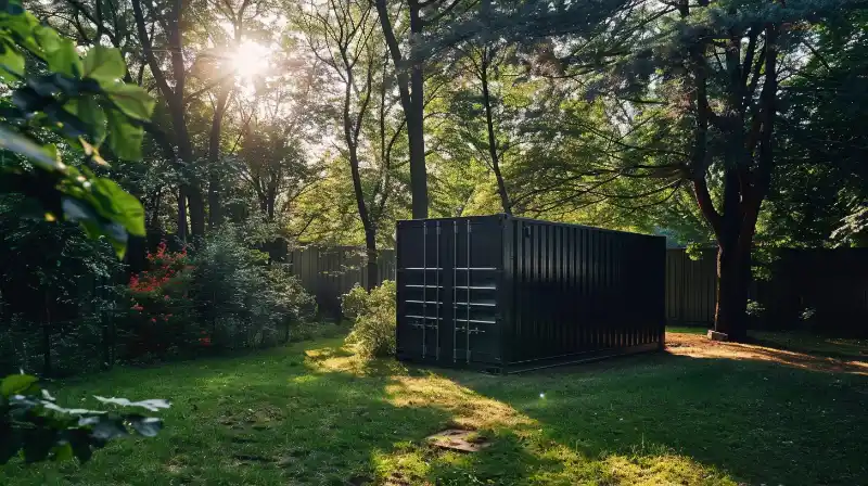 A neatly organized storage container surrounded by lush greenery.