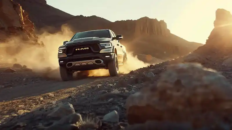 A powerful 2024 Ram 1500 driving through rugged terrain in a cinematic landscape.