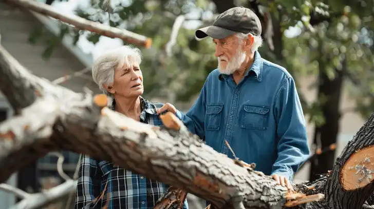 A senior couple overseeing the safe removal of a hazardous tree.