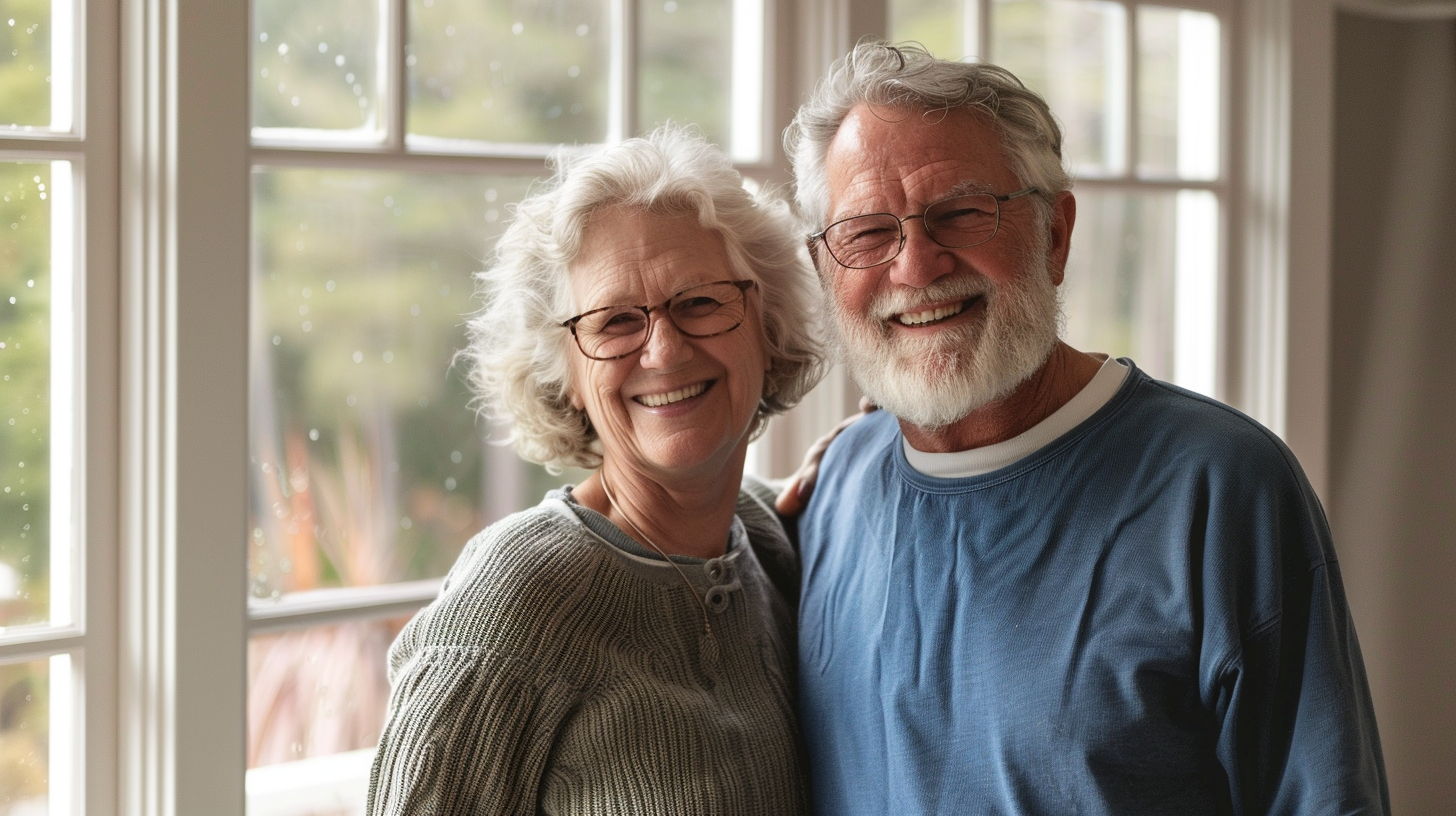 A senior couple smiling by their new Energy Star-rated windows.