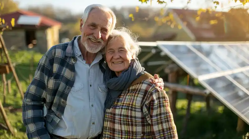 A senior couple standing next to their solar panels on a sunny day.