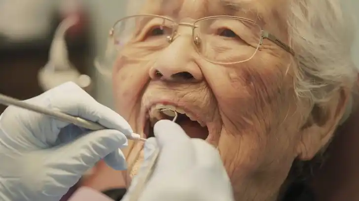 A senior receiving free dental implants at a community health center.