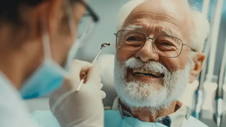 A senior receiving free dental implants at a university dental school.