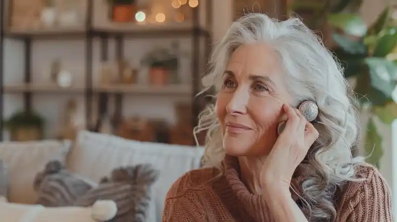 A senior woman adjusting her hearing aid in a cozy living room.