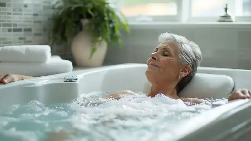 A senior woman enjoying a relaxing soak in a walk-in tub with jets.