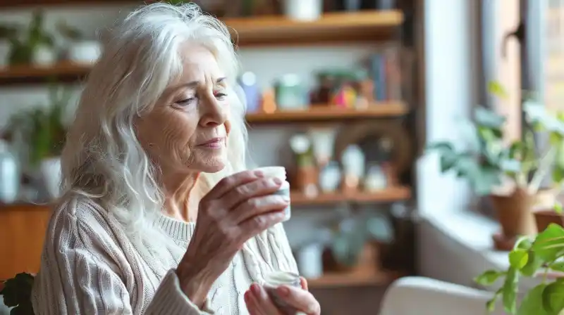 A senior woman with atopic dermatitis applying lotion in a dry environment.