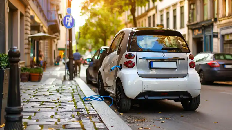 A small electric car parked in a senior-friendly spot in a bustling urban area.