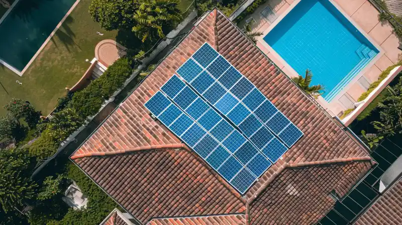 A newly shingled roof with modern energy-efficient shingles in a bustling city.