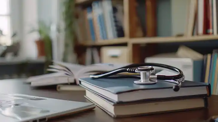 A stethoscope and nursing textbooks on a desk in a study room.