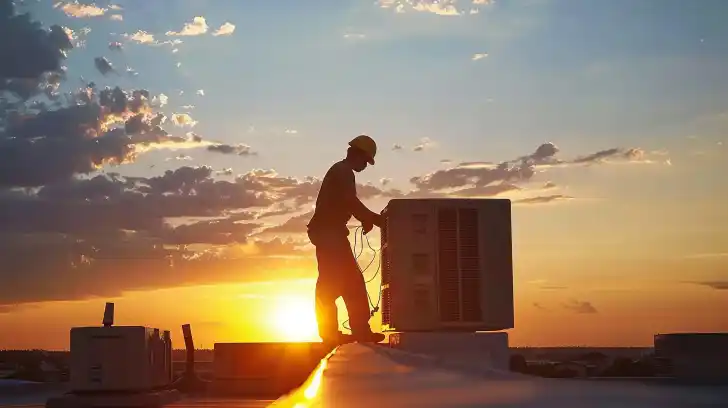 A technician installing an HVAC unit on a rooftop at sunset.