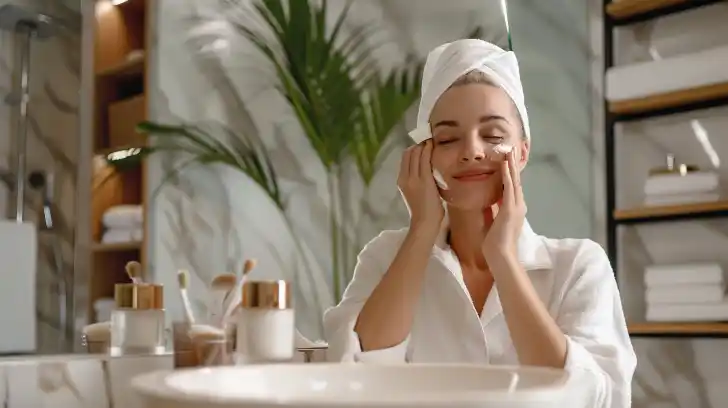 A woman applying anti-aging cream in a modern bathroom.