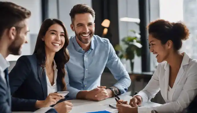 A diverse group discussing healthcare options in a modern office setting.