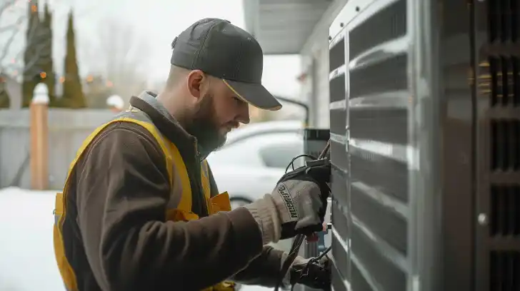 An HVAC technician installs a new air conditioning unit in an office building.