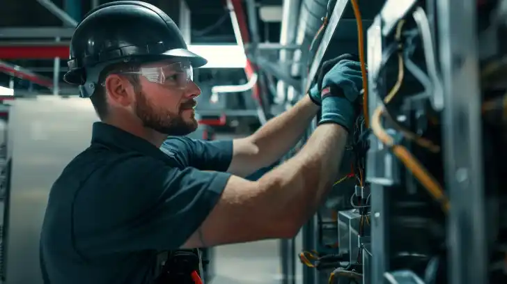 A person learning HVAC repair in a busy workshop wearing work overalls.