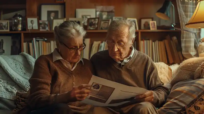 An elderly couple reviewing final expense insurance paperwork at their dining table.