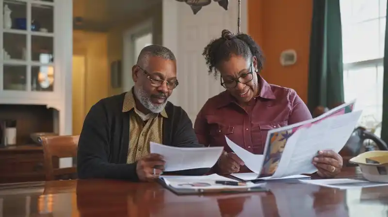 An elderly couple reviewing documents surrounded by family photos in a cozy home.