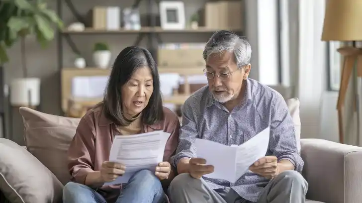 An elderly couple reviewing financial documents in their cozy living room.