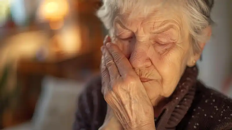 A senior woman with atopic dermatitis applying lotion in a dry environment.