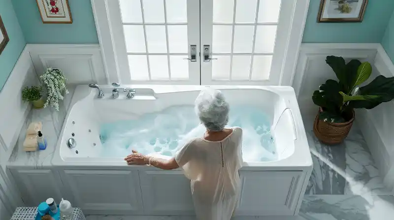 An elderly individual safely enjoying a walk-in tub in a well-lit bathroom.