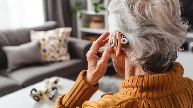 An elderly person trying on various hearing aids in a living room.