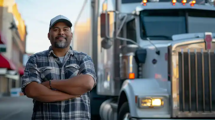 An experienced truck driver standing confidently next to a big rig in the city.