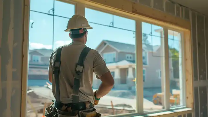 An experienced window installer working on a modern home construction site.