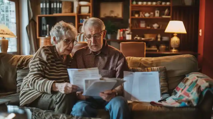 An older couple reviewing financial documents in a cozy living room. An older couple reviewing financial documents in a cozy living room.